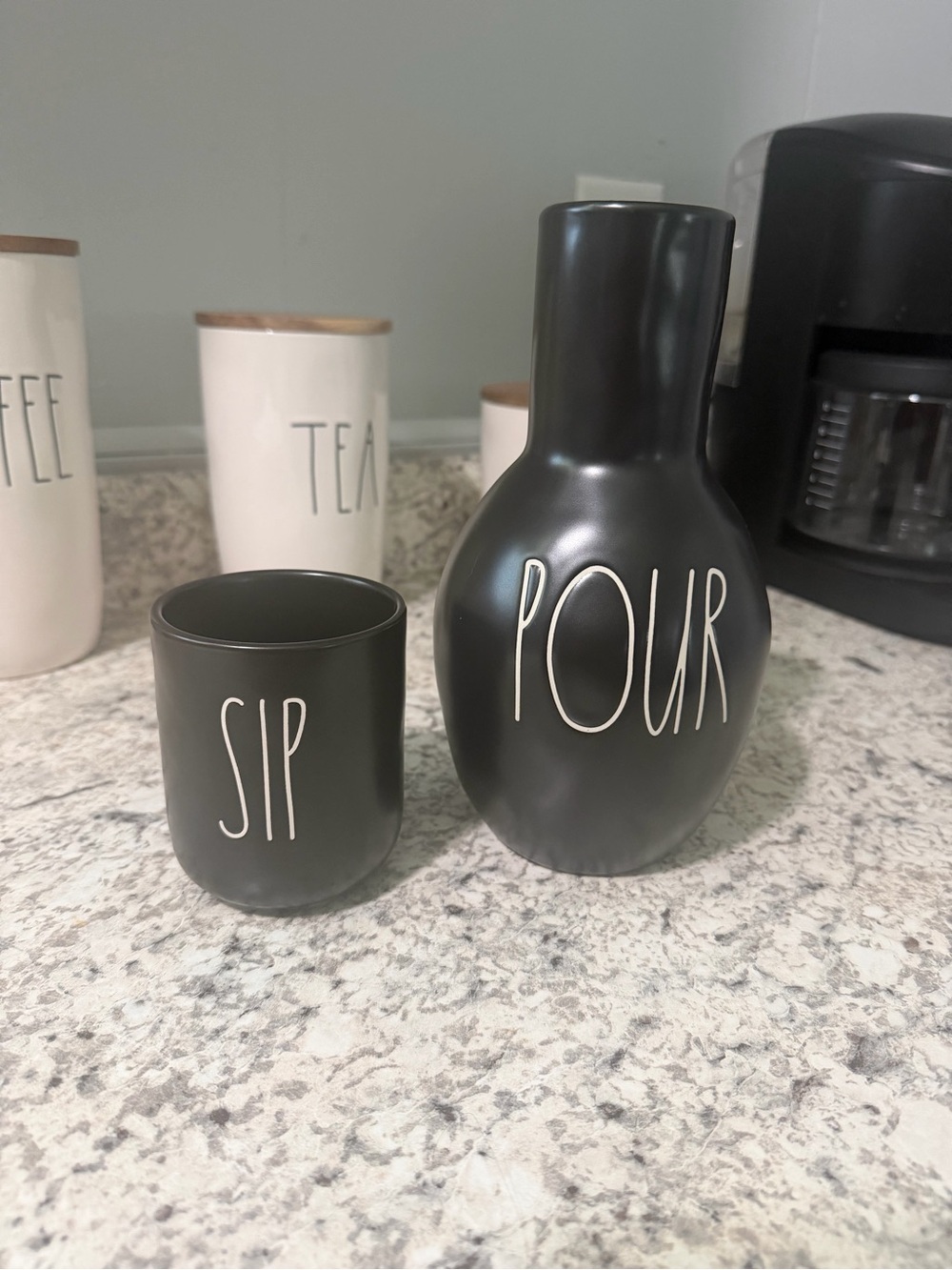 Rae Dunn Black 'POUR' Carafe with Matching 'SIP' Cup